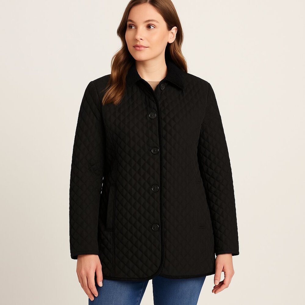 Vintage Ann Taylor Black Quilted Barn Chore Jacket Corduroy Trim Equestrian L
